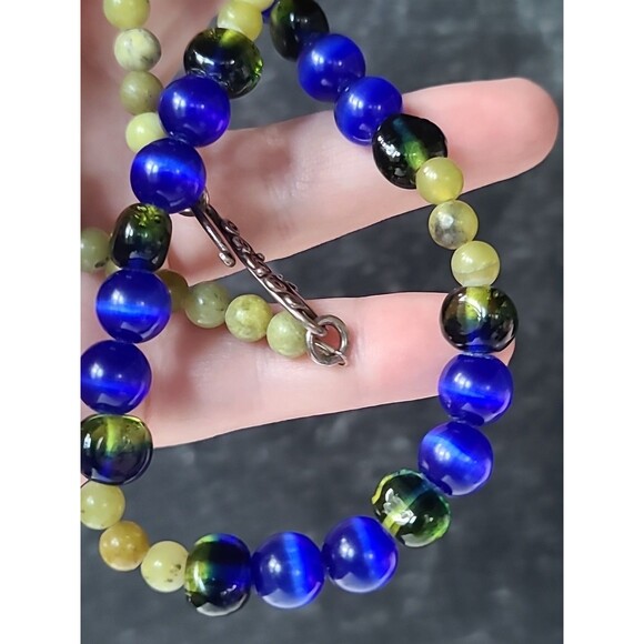 925 Sterling Silver Clasp Serpentine & Glass Beaded Necklace Vintage - Picture 2 of 10